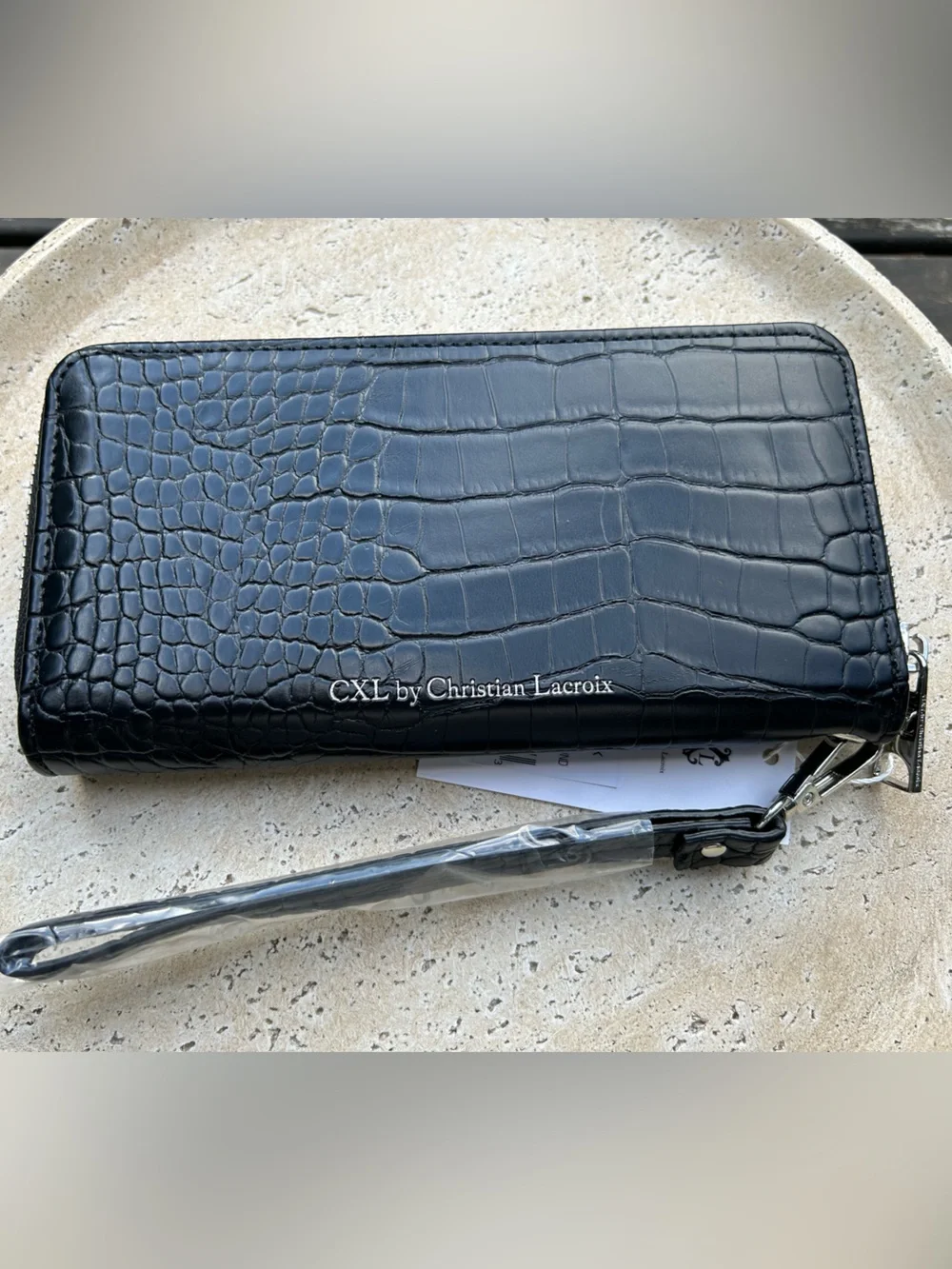 Christian‎ Lacroix Black Croc-Embossed Wristlet Clutch with Silver Hardware